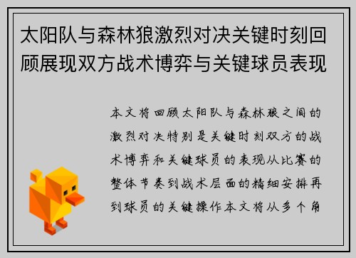 太阳队与森林狼激烈对决关键时刻回顾展现双方战术博弈与关键球员表现