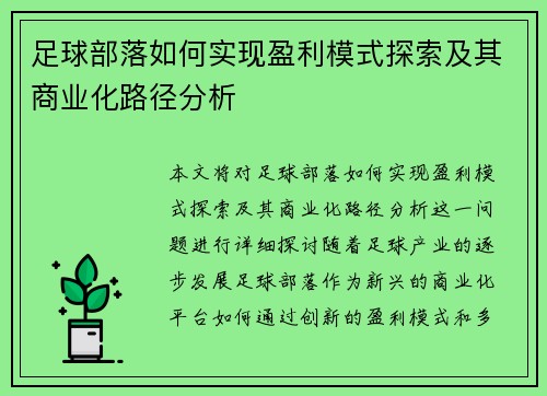 足球部落如何实现盈利模式探索及其商业化路径分析